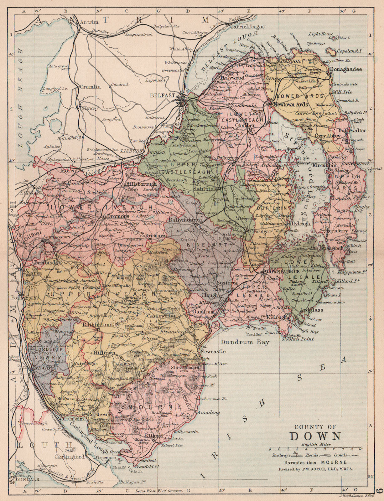 COUNTY DOWN. Antique county map. Ulster Belfast Lisburn Bangor. BARTHOLOMEW 1882